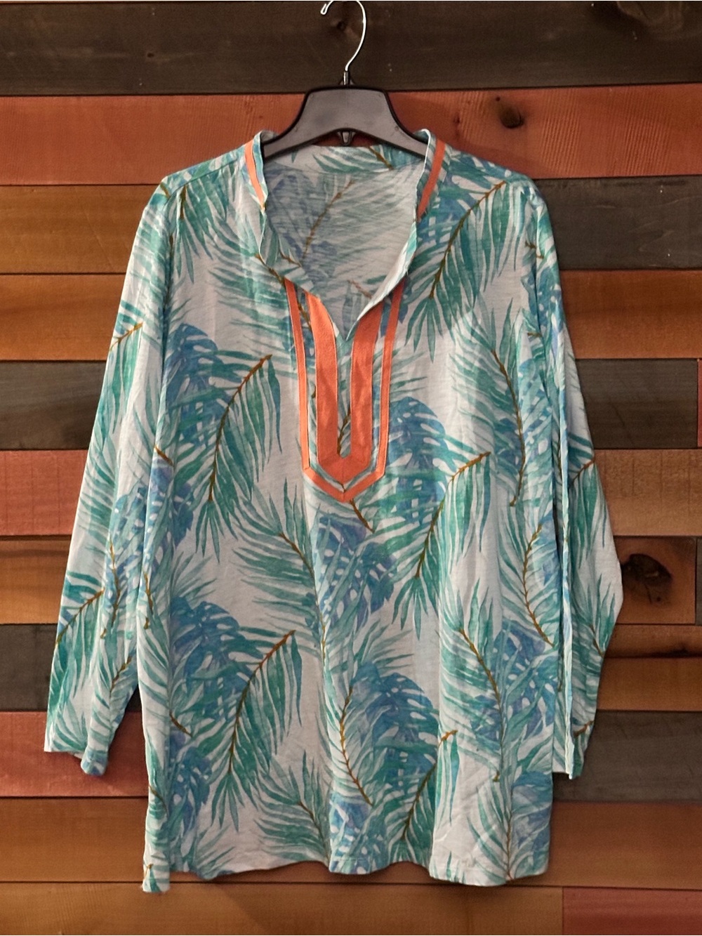 Belle by Kim Gravel Teal Palm Print Tunic with Coral Trim - Picture 2 of 3